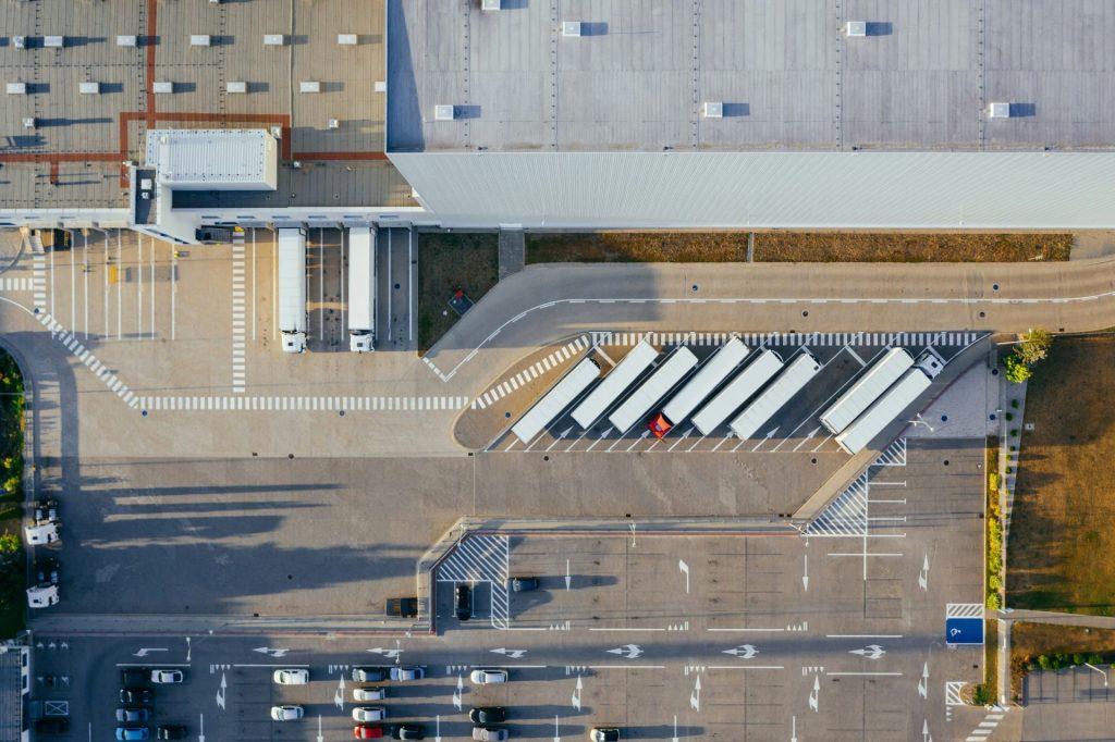 Aerial view of trucks in parking lot